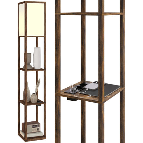 Lampada da terra con ripiani, luce dimmerabile, interruttore a pedale e porte USB, marrone
