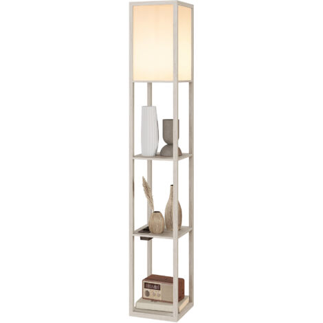 Lampada da terra con ripiani, luce regolabile, interruttore a pedale e porte USB, bianco e rovere