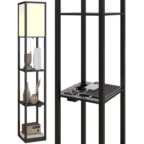 Lampada da Terra con Ripiani, Luce Regolabile, Interruttore a Pedale e Porte USB, Nero