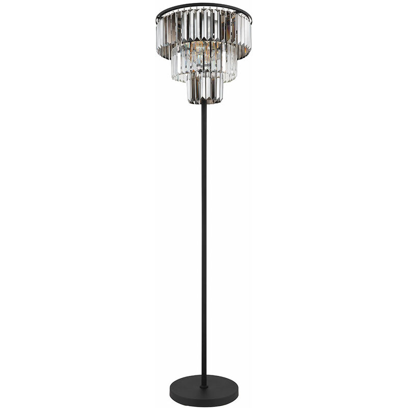 Image of Lampada da terra cristalli di vetro lampada da soggiorno lampada da terra 3 lampadine, metallo nero opaco, cristalli trasparenti fumé, 3x E27, DxH