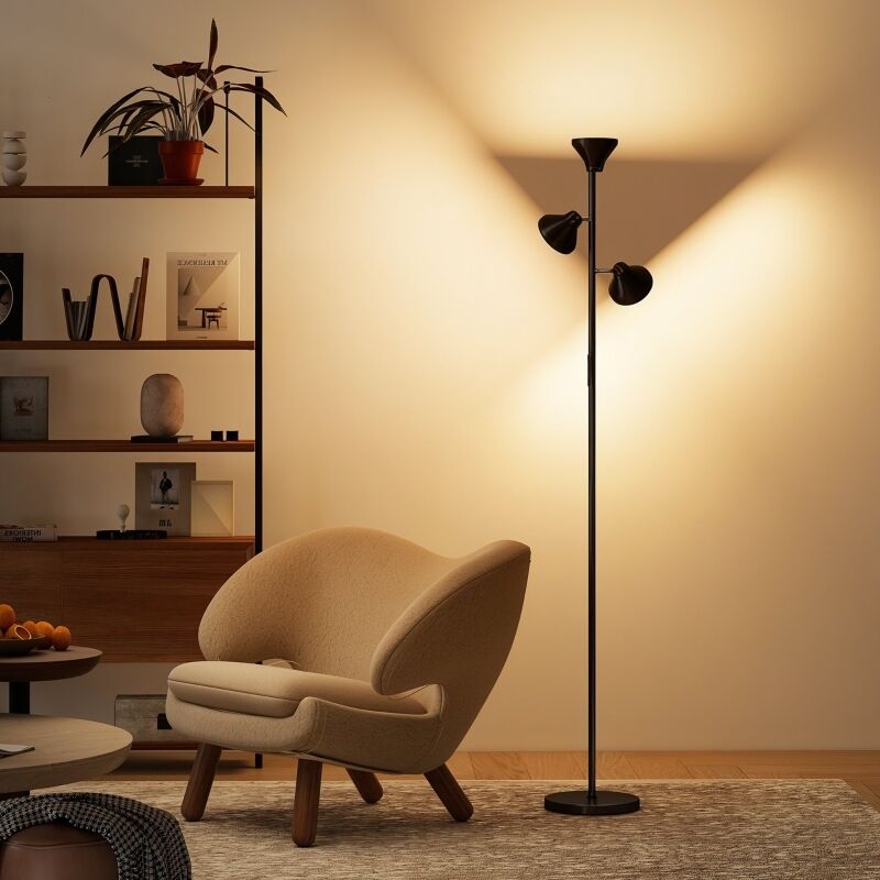 Lampada da terra dimmerabile con luce di lettura, cambio colore RGB, 3 teste rotanti, telecomando, controllo touch, nero