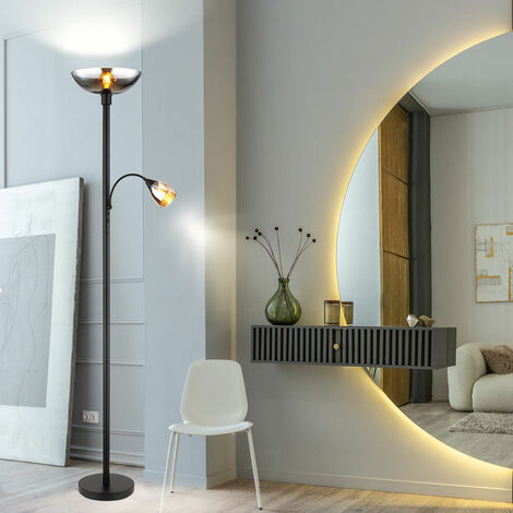 Lampada da terra, faretto da soffitto, lampada da terra, lampada da lettura, lampada da camera da letto, lampada da soggiorno, metallo nero, vetro fumé, commutabile separatamente, punto lettura orient