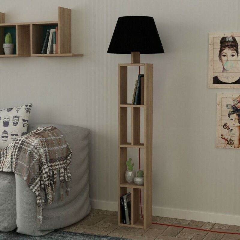 Image of Lampada da terra in legno 160h cm con libreria colore rovere - Giorno