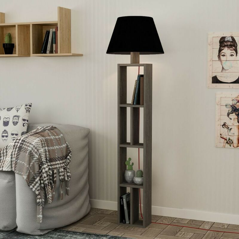 Image of Lampada da terra in legno con libreria e paralume nero 45x45x163,5 cm