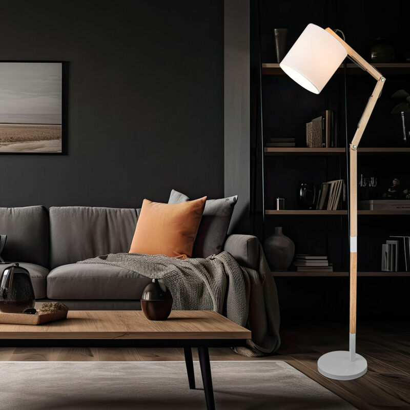 Image of Lampada da terra lampada da soggiorno in legno lampada da terra lampada da terra con snodi regolabili, tessuto metallico bianco, 1x E27, LxH 75x172 cm