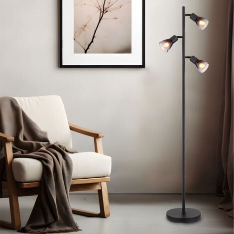 Lampada da terra, lampada da soggiorno, lampada laterale, lampada da terra, lampada da camera, vetro metallo, colore fumo nero, 3 lampadine E14, H 161 cm