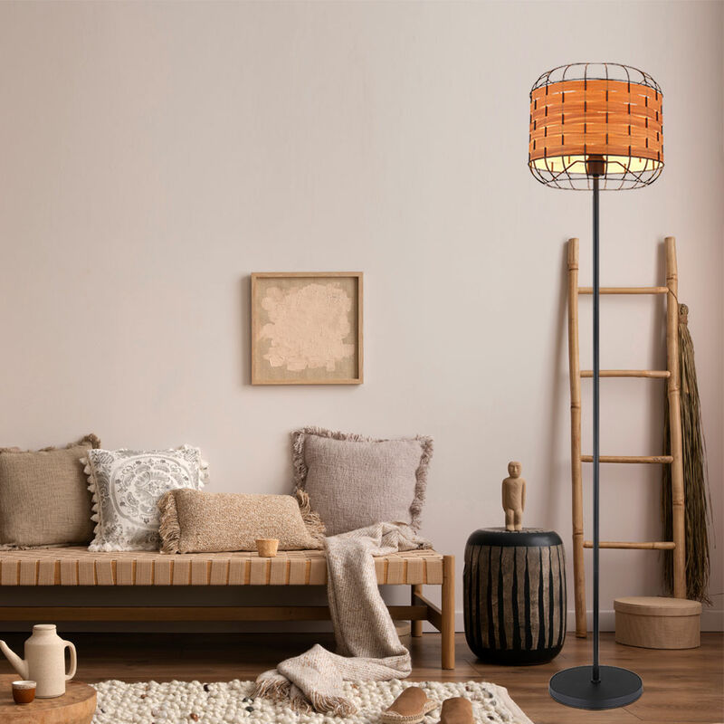 Image of Lampada da terra lampada da terra effetto legno lampada da sala da pranzo lampada laterale camera da letto, rete metallica nero marrone, 1x E27, h
