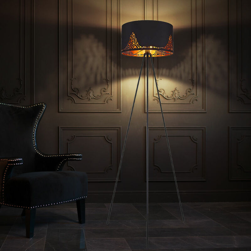 Image of Lampada da terra lampada da terra lampada da treppiede lampada da soggiorno, punzonature decorative 3 gambe, paralume in tessuto metallo nero color
