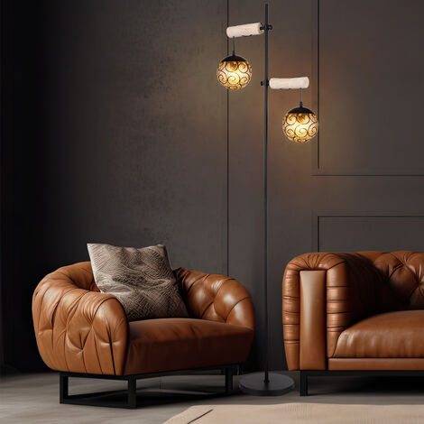 Lampada da terra, lampada da terra, lampada laterale, lampada da soggiorno, regolabile in altezza, legno naturale, paralumi in vetro, ambra, metallo nero, 2x prese E27, LxPxH 51x25x168 cm
