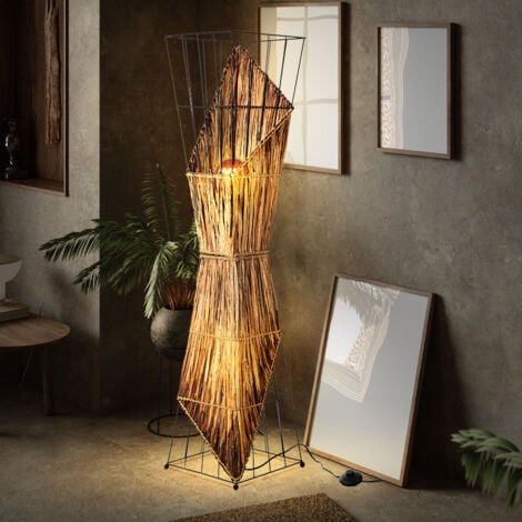 Lampada da terra LED in legno lampada da soggiorno lampada laterale lampada da terra a griglia gabbia retrò nero, metallo, 2x E27 filamento LED bianco caldo, LxLxH 27x27x130 cm