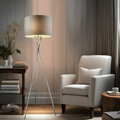 Lampada da terra LED treppiede lampada da soggiorno lampada da terra tessile lampada da terra grigia camera da letto, metallo cromato, 9W 810lm bianco caldo, DxH 54x160 cm