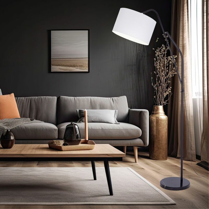 Image of Lampada da terra, moderna, lampada da soggiorno, lampada da terra nera, paralume a led, regolabile in altezza, tessuto bianco, metallo, 1x led 6.5W