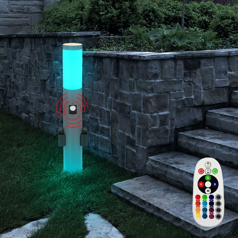 Image of Lampione da esterno con rilevatore di movimento 2x presa luce luce da giardino dimmerabile con telecomando, acciaio inox antracite, LED RGB 8.5W