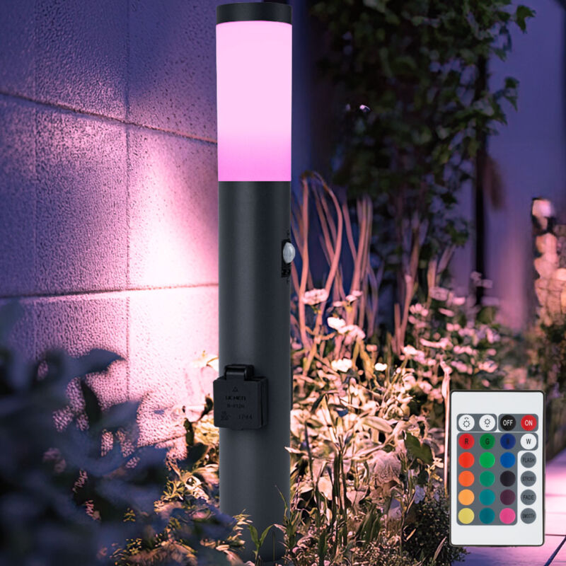 Image of Lampione da esterno con rilevatore di movimento 2x presa luce luce da giardino dimmerabile con telecomando, acciaio inox antracite, LED RGB 8.5W