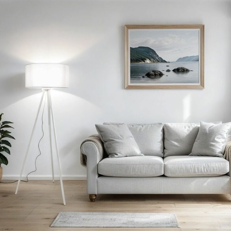Image of Lampada da terra per interni dal design scandinavo in legno con paralume in stoffa E27 Piantana - Bianco, grigio