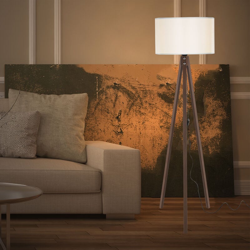 Image of Lampada da Terra 'Rochester' a Treppiedi con Paralume in Tessuto/PVC - color Noce/Crema [ Lux.pro noce