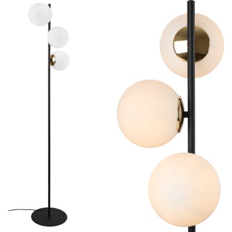 LAMPADA DA TERRA SIENA NERA E ORO, 3 PARALUMI PIATTI BIANCHI
