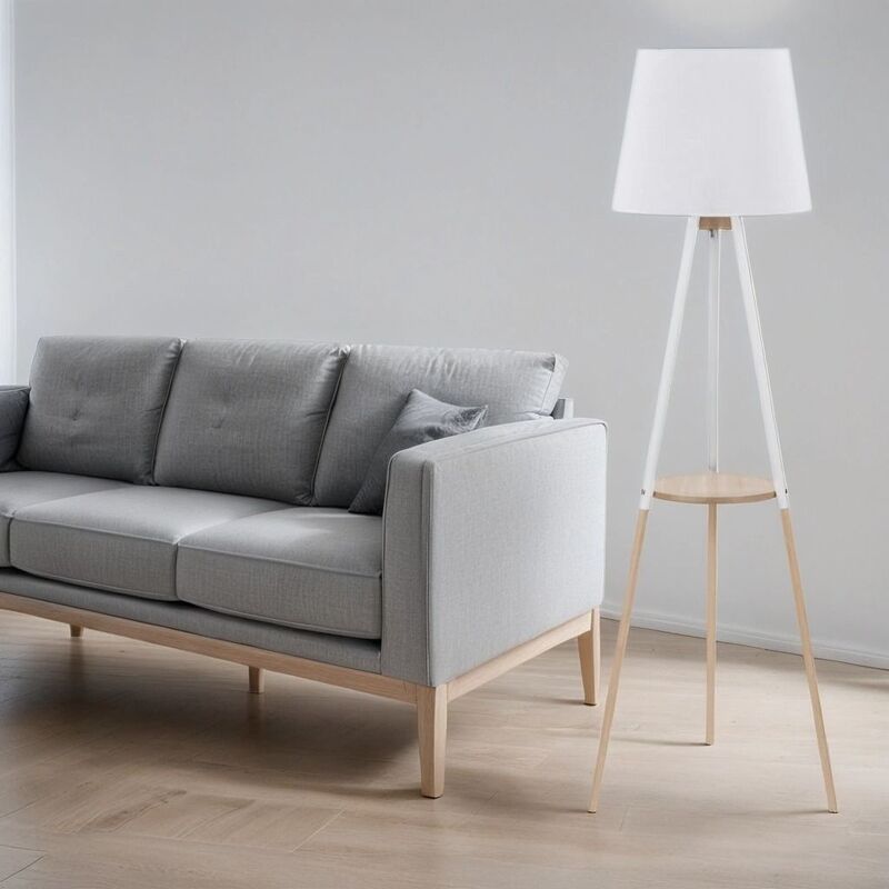 Image of Lampada da terra con Treppiede Piantana design Scandinavo stile moderno in legno bianco con paralume in tela - Legno, bianco