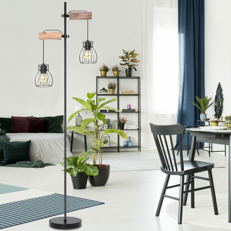 Image of Lampada da terra vintage design a gabbia a filamento da soggiorno in legno con luce regolabile in altezza in un set che include lampadine a led
