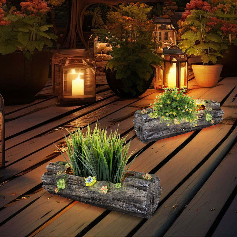 Image of Lampada decorativa per fioriera solare per casa e giardino con effetto tronco d'albero, grigio antico, 1x led bianco caldo, LxA 44,3x13,5 cm, set da 2