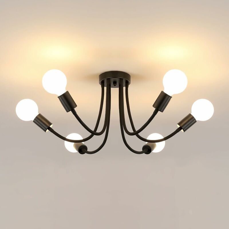 Image of Lampada del soffitto industriale, lampadario nero da 6 lumières, lampadario del salone vintage E27, sospensione della luce del soffitto in metallo