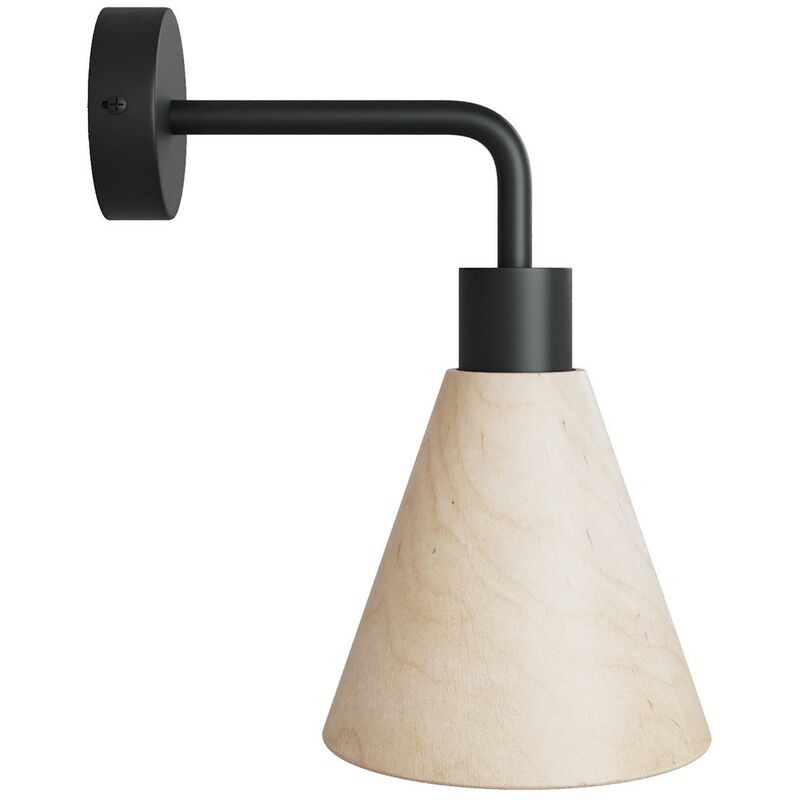 Image of Lampada Fermaluce con paralume conico in legno ed estensione curva Con lampadina - Nero - Con lampadina