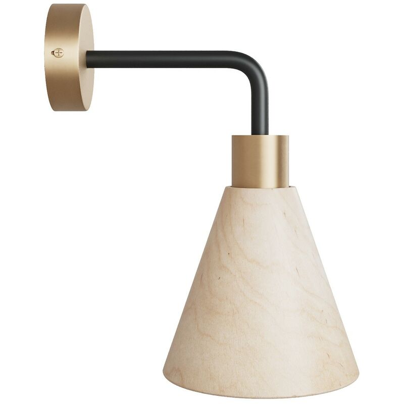 Image of Lampada Fermaluce con paralume conico in legno ed estensione curva Con lampadina - Bronzo satinato - Con lampadina
