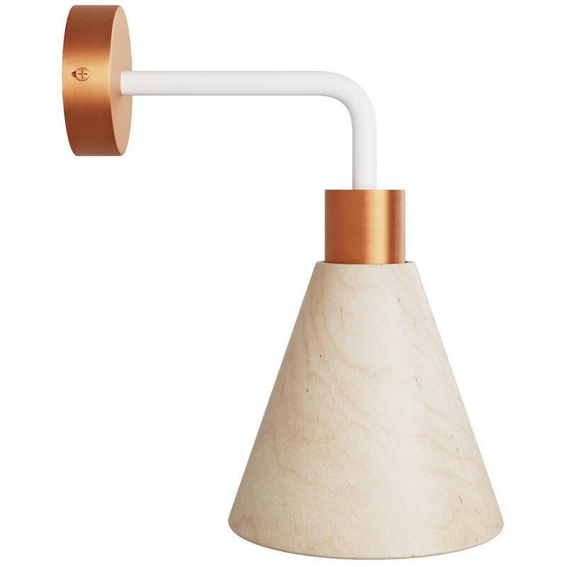 Image of Lampada Fermaluce con paralume conico in legno ed estensione curva Con lampadina - Rame satinato - Con lampadina