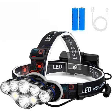 Lampada frontale, 18000 lumen, 8 LED, 8 modalità, superba lampada frontale a LED ricaricabile tramite USB regolabile a 90°, impermeabile e leggera, adatta per pesca, campeggio, lettura, escursionismo 
