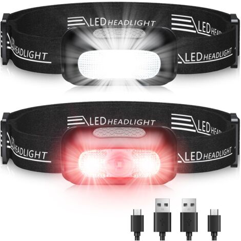 Lampada frontale, [2 pezzi] Lampada frontale a LED ricaricabile ultra potente con 5 modalità, luce bianca e rossa e IPX4 impermeabile, lampada frontale regolabile a 60° per adulti/bambini
