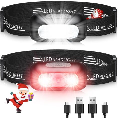 Lampada frontale, [2 pezzi] Lampada frontale a LED ricaricabile ultra potente con 5 modalità, luce bianca e rossa e IPX4 impermeabile, lampada frontale regolabile a 60° per adulti/bambini