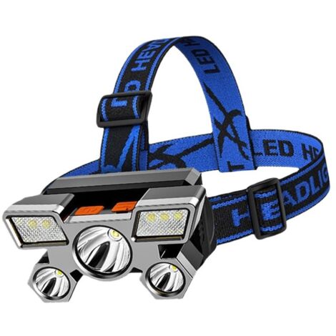 Lampada frontale a LED a cinque teste, luce potente, super luminosa, ricaricabile, luce da pesca a lungo raggio, torcia elettrica (blu, 1 pz)