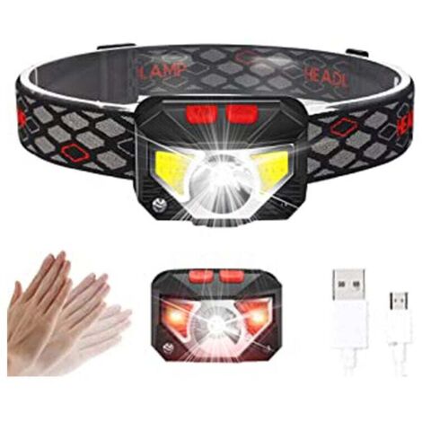 Lampada frontale a LED, lampada frontale con sensore di movimento super luminoso, lampada frontale ricaricabile tramite USB a 6 modalità, torcia elettrica impermeabile, campeggio, escursionismo, pesca