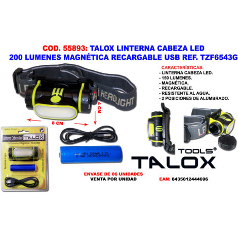 Lampada frontale a LED TALOX 200 lumen USB ricaricabile magnetica
