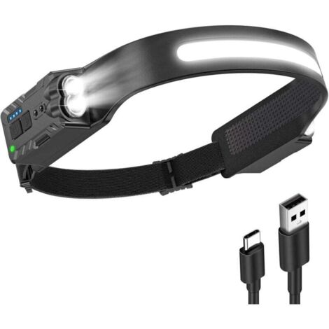 Lampada frontale a LED ultra potente con 8 modalità di illuminazione, grandangolo 340°, ricaricabile, con sensore di movimento, lampada frontale a LED estesa IPX4