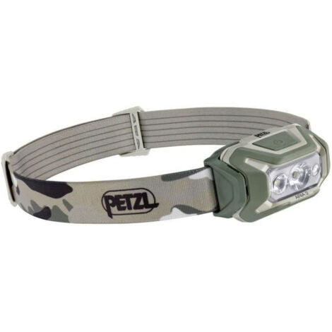 Lampada frontale compatta e impermeabile PETZL ARIA 2 da 450 lumen con 3 pile incluse, design camouflage