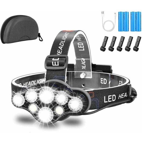 Lampada frontale, lampada frontale super luminosa a 8 LED da 18000 lumen, ricaricabile tramite USB, impermeabile e regolabile per campeggio, pesca, grotta, jogging ed escursionismo