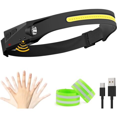 Lampada Frontale LED USB, Illuminazione Grandangolare 230° Potente Torcia Frontale Impermeabile, Lampada Frontale a Induzione per Jogging in Tutte le Prospettive con 2 Bande Elastiche Riflettenti per 