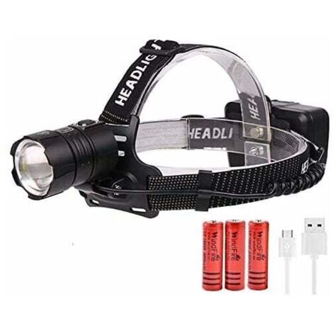 Lampada frontale potente, torcia frontale ricaricabile tramite USB, XHP70 LED ultra potente con 3 modalità di illuminazione e zoom per lavoro, campeggio e pesca.