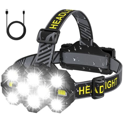 Lampada frontale ricaricabile a mani libere 10 LED 22000 lumen 10 modalità Lampada frontale a LED IPX4 impermeabile 90° regolabile per campeggio, ciclismo, attività notturne Nero [Classe energetica A+