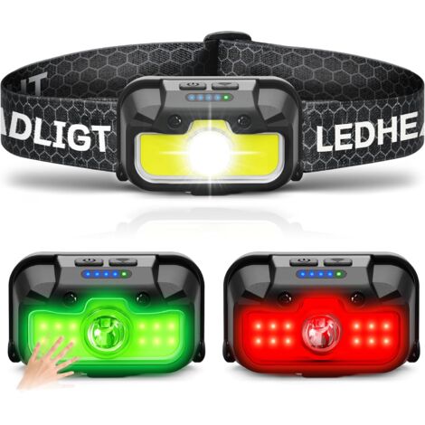 Lampada frontale ricaricabile, lampada frontale ultra luminosa da 1300 lumen con luce rossa, sensore di movimento impermeabile, lampada frontale con luce verde e bianca, 14 modalità, lampada frontale