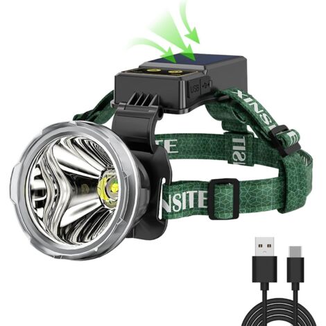 Lampada frontale solare ricaricabile da 90.000 lumen, ultra luminosa, regolabile a 90°, 3 modalità, impermeabile IPX5, ricaricabile tramite USB C, per campeggio, corsa, ciclismo