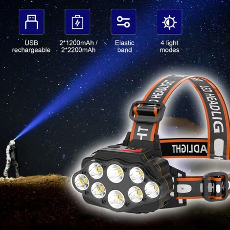 Lampada frontale ultra luminosa - 8 LED - 8 modalità - Con spia rossa di avvertimento - Ricaricabile - Impermeabile - Ideale per lavoro, attività all'aperto, campeggio, escursionismo