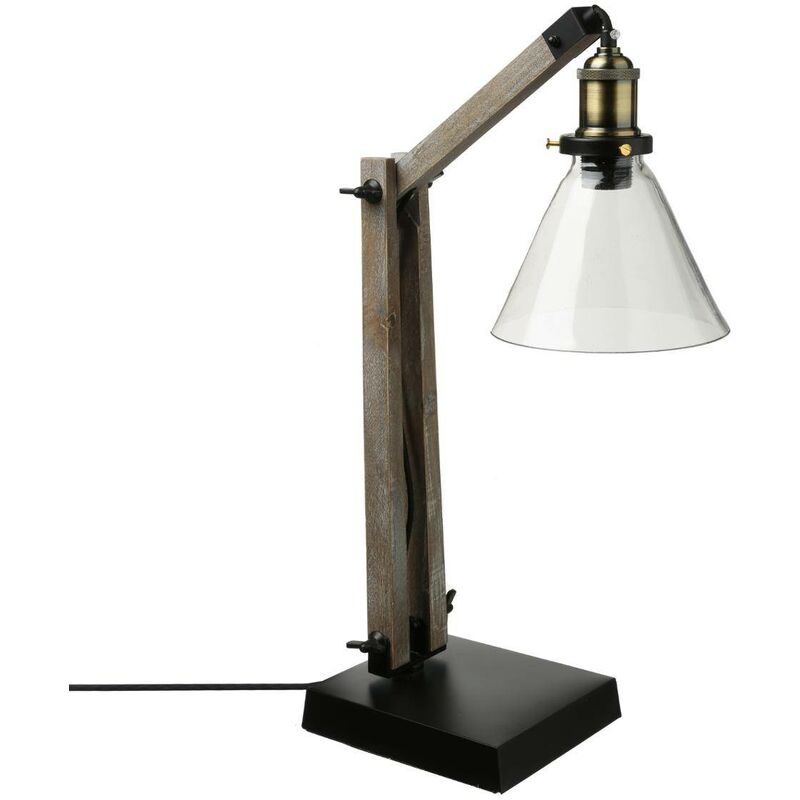 Image of Lampada alak in legno h59cm - lampada da tavolo, base in metallo, base in legno, paralume in vetro, marrone, altezza 59 cm, presa di corrente