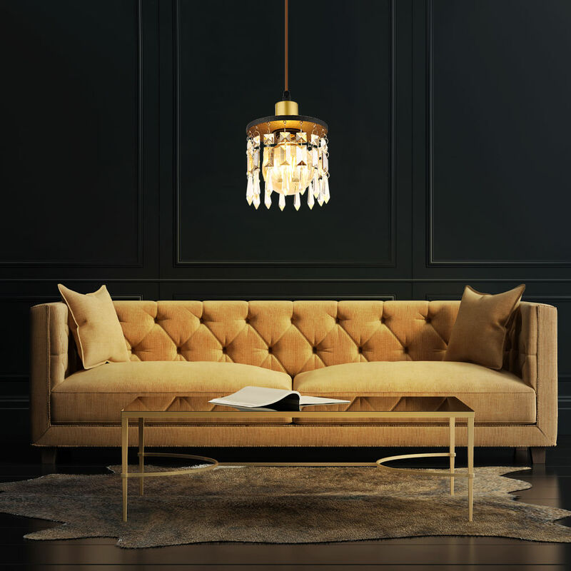 Image of Etc-shop - Lampada in legno lampada a sospensione lampada a sospensione ottone oro lampada a sospensione cristallo soggiorno, altezza regolabile,