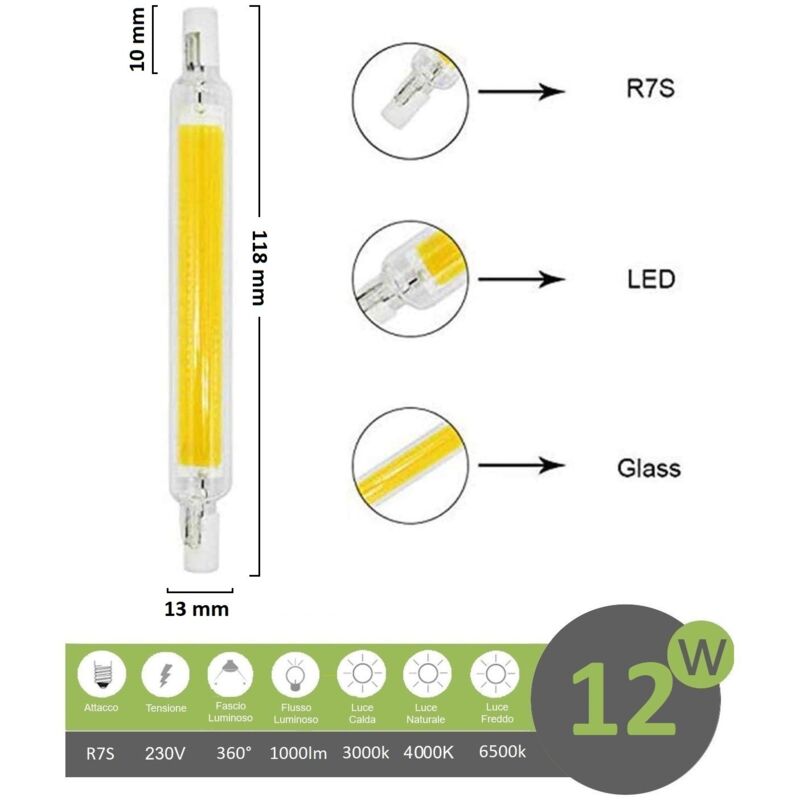 Driwei - Lampadina led attacco R7S 12w cob luce lineare 118mm slim trasparente sostituto alogena a basso consumo Bianco freddo