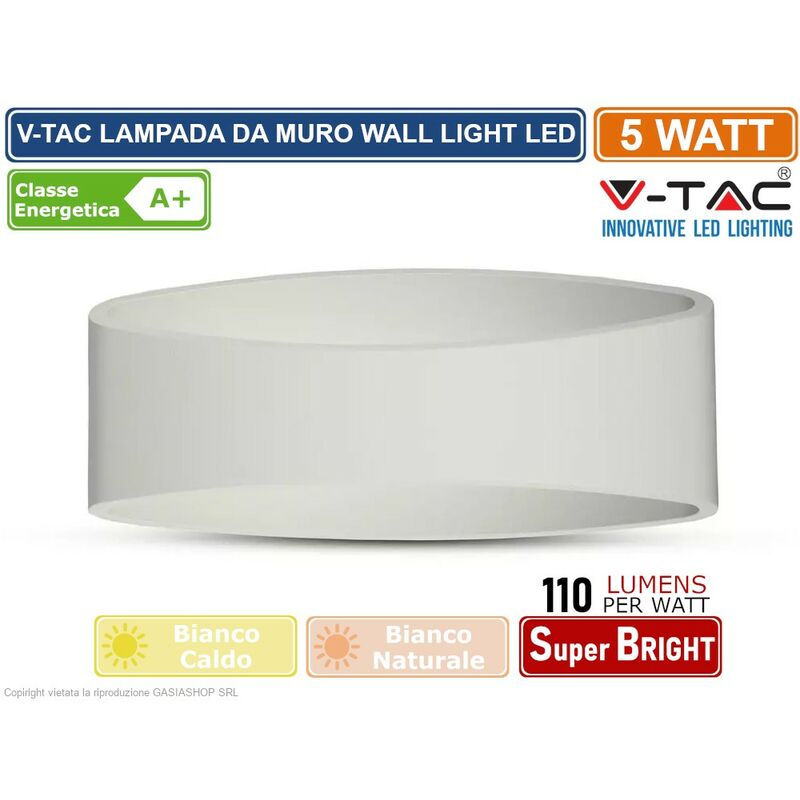 Image of V-TAC VT-705 LAMPADA DA MURO WALL LIGHT LED 5W FORMA ARROTONDATA COLORE BIANCO - SKU 8208 / 8232 - Colore Luce: Bianco Naturale