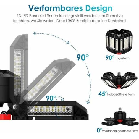 Lampada LED da 200W per officina, garage, 1 pezzo, 6500K, plafoniera deformabile con 12 pannelli regolabili - E26 / E27, ideale per cantina, negozio, officina, fienile, magazzino [Classe energetica F]