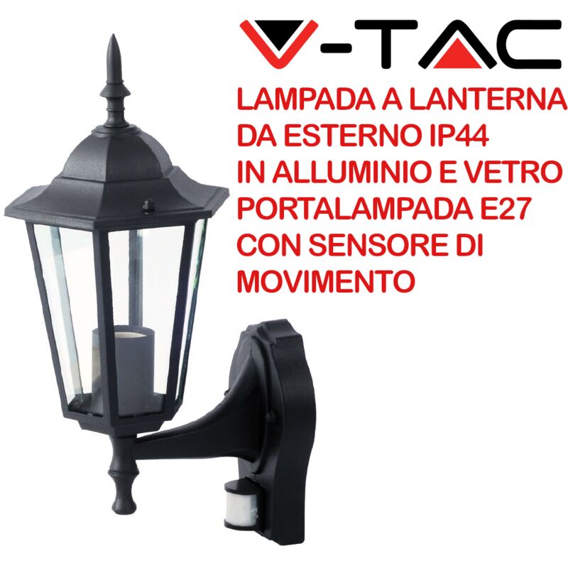 Image of V-tac - VT-751 7070 Lampada led da Muro a Lanterna con Portalampada E27 (Max 60W) con Sensore di Movimento Colore Nero IP44