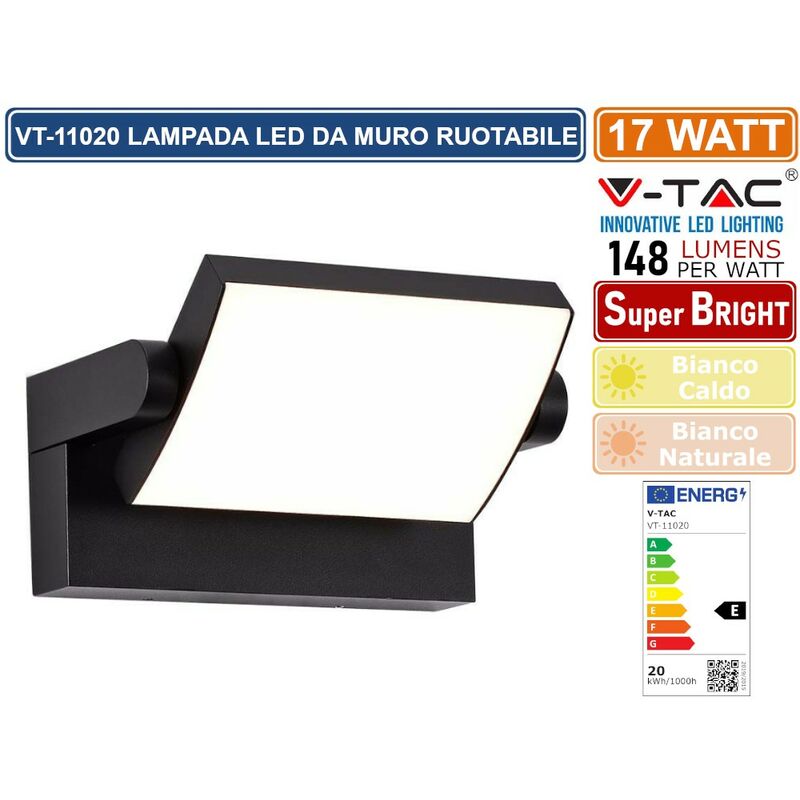Image of VT-11020 lampada led da muro ruotabile 17W smd IP65 applique colore nero - sku 2936 / 2937 - Colore Luce: Bianco Naturale - V-tac